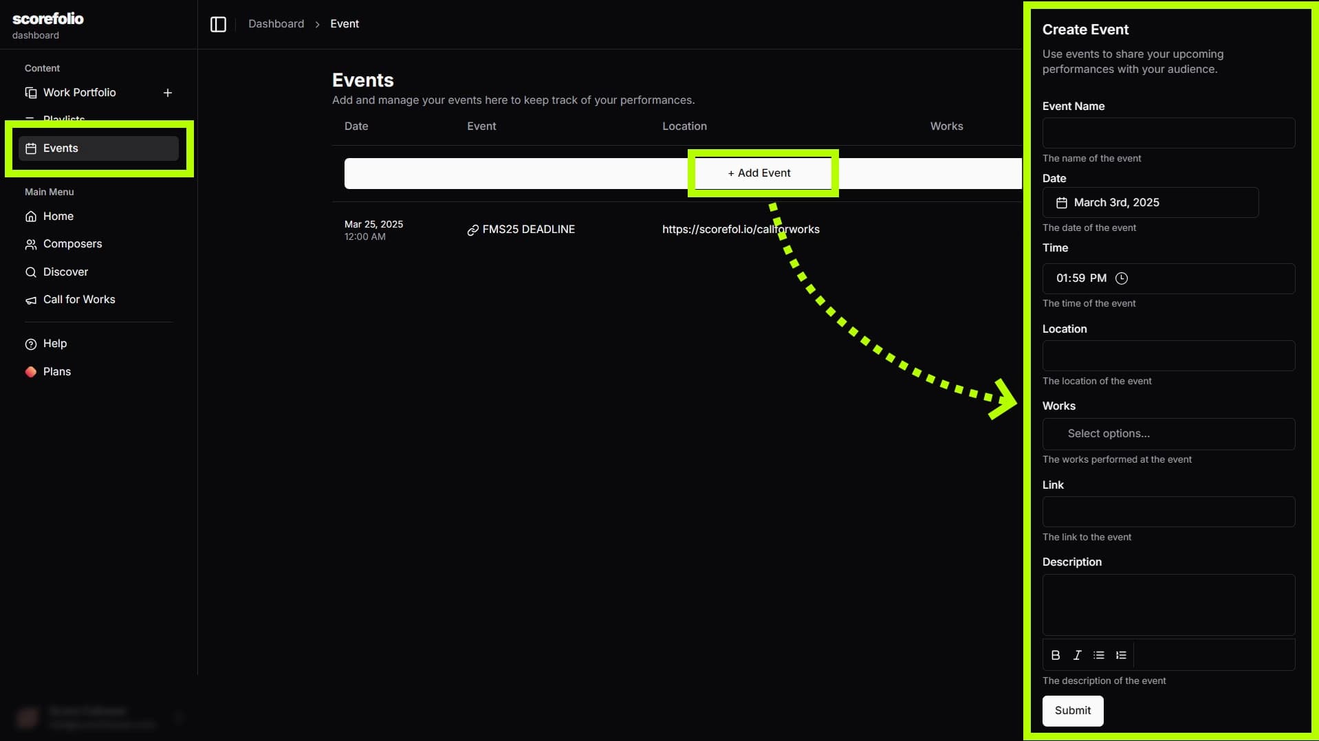 Events management interface