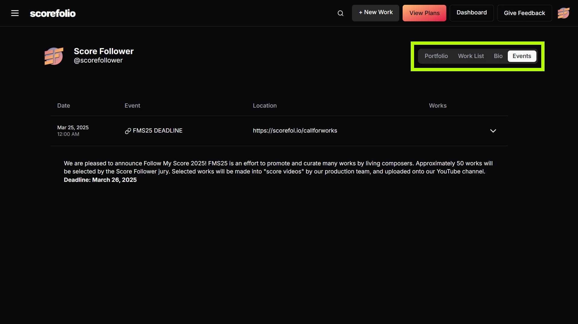 Events display on profile page