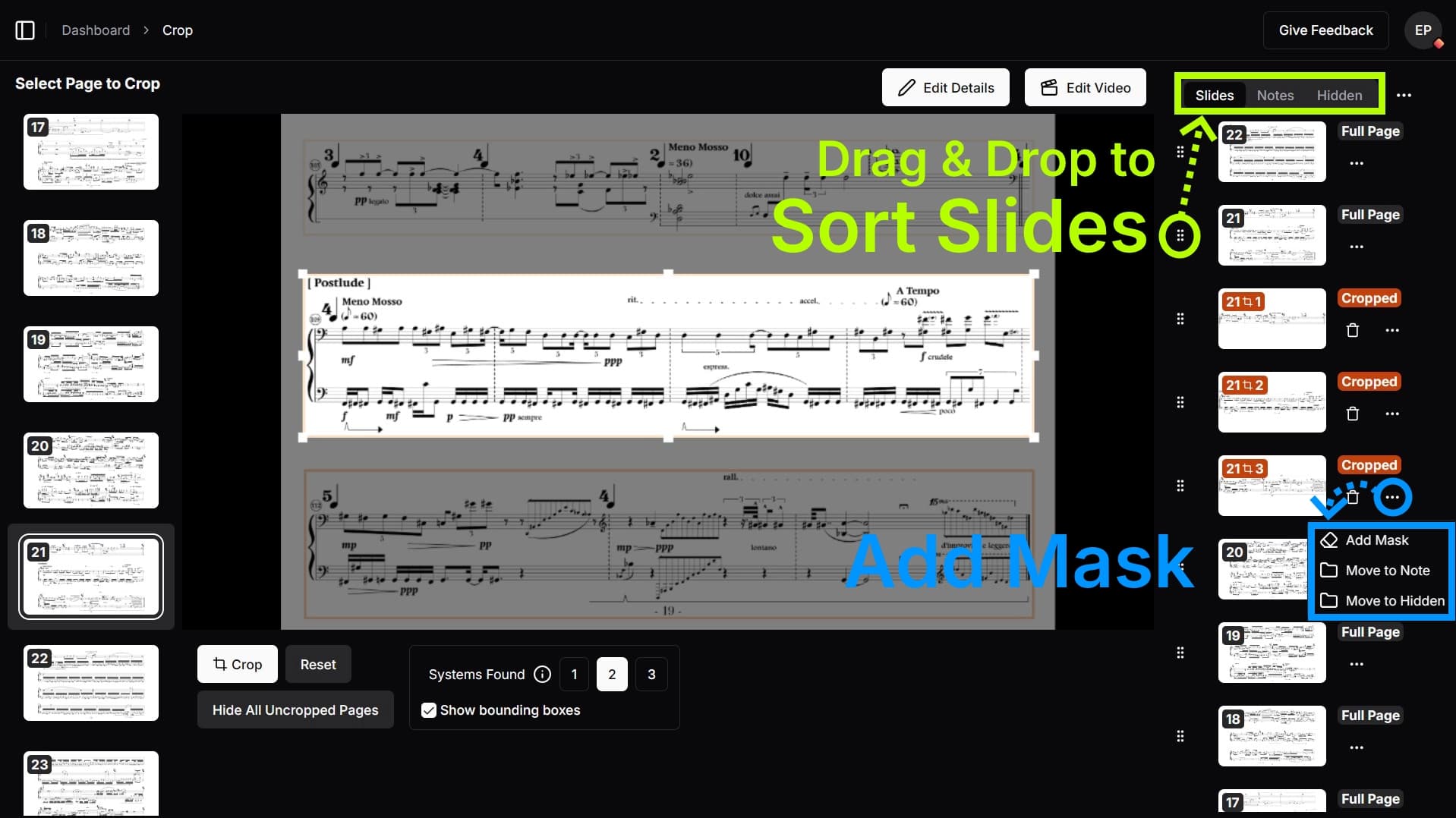 Sort slides interface